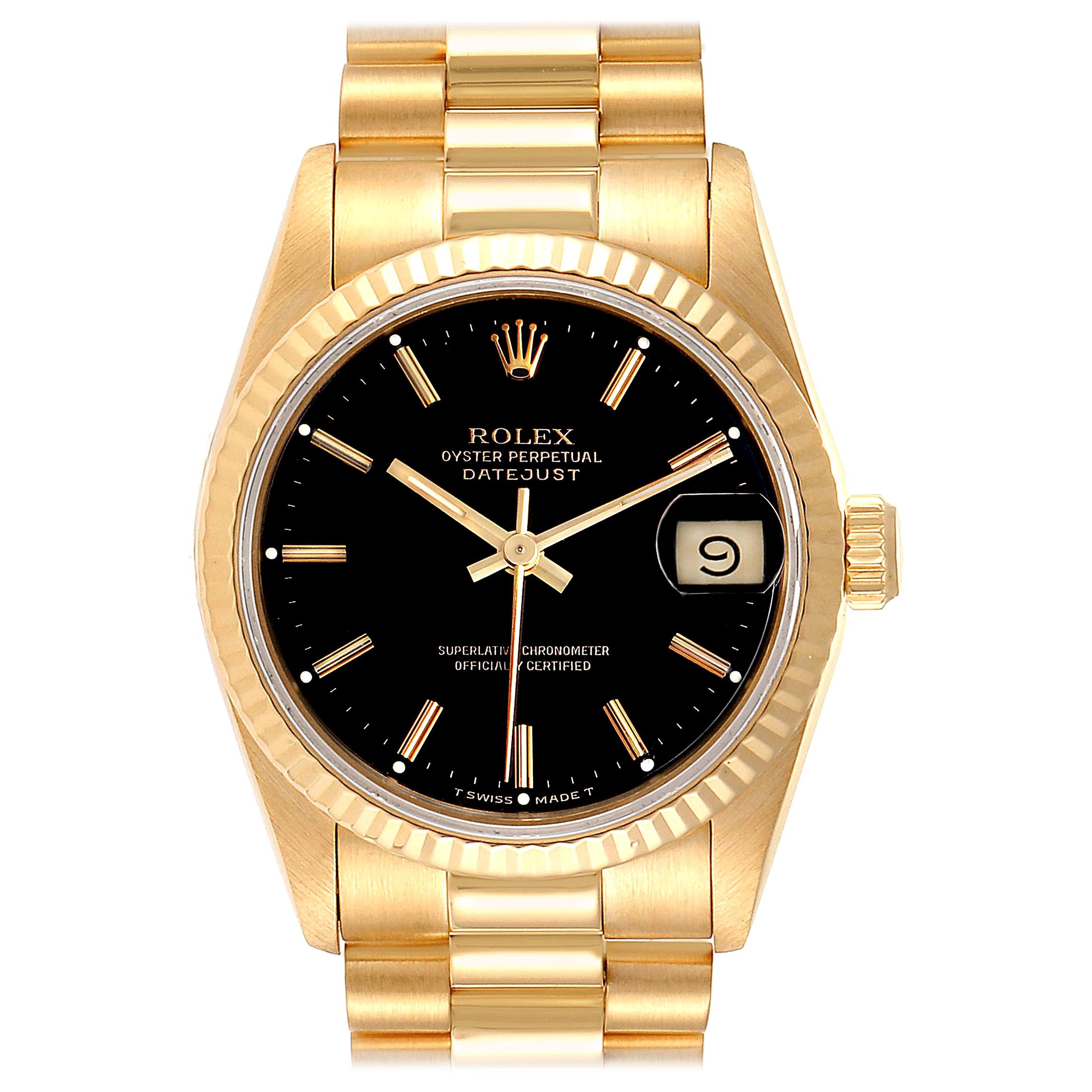 Rolex President Datejust Midsize Black Dial Yellow Gold Ladies Watch 68278 For Sale