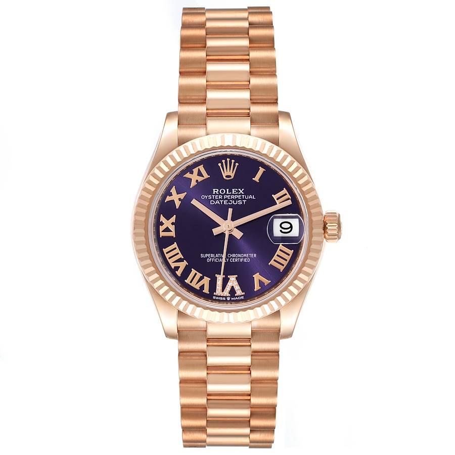 Rolex President Datejust Midsize Rose Gold Diamond Ladies Watch 278275 Box Card. Officially certified chronometer automatic self-winding movement. 18K Everose gold case 31.0 mm in diameter. Rolex logo on the crown. 18k Everose gold fluted bezel.