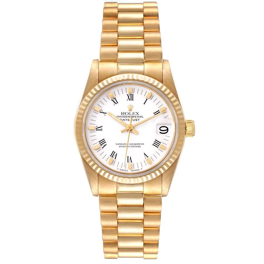 Rolex President Datejust Midsize White Dial Yellow Gold Ladies Watch 68278. Officially certified chronometer self-winding movement. 18k yellow gold oyster case 31.0 mm in diameter. Rolex logo on a crown. 18k yellow gold fluted bezel. Scratch