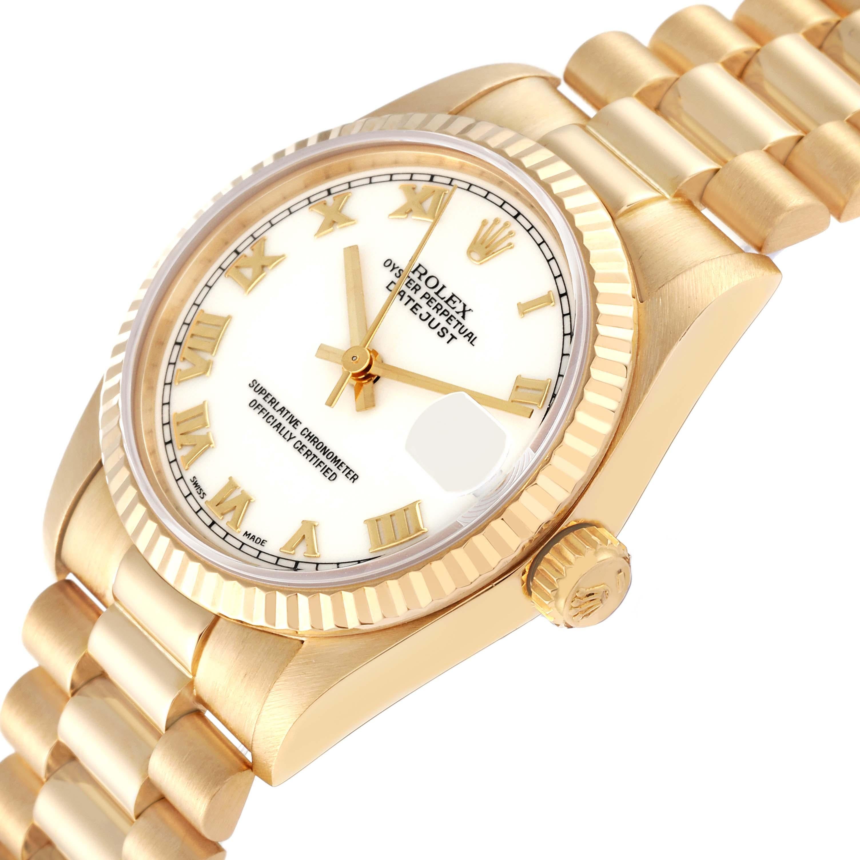 Rolex President Datejust Midsize White Dial Yellow Gold Ladies Watch 68278 In Excellent Condition In Atlanta, GA