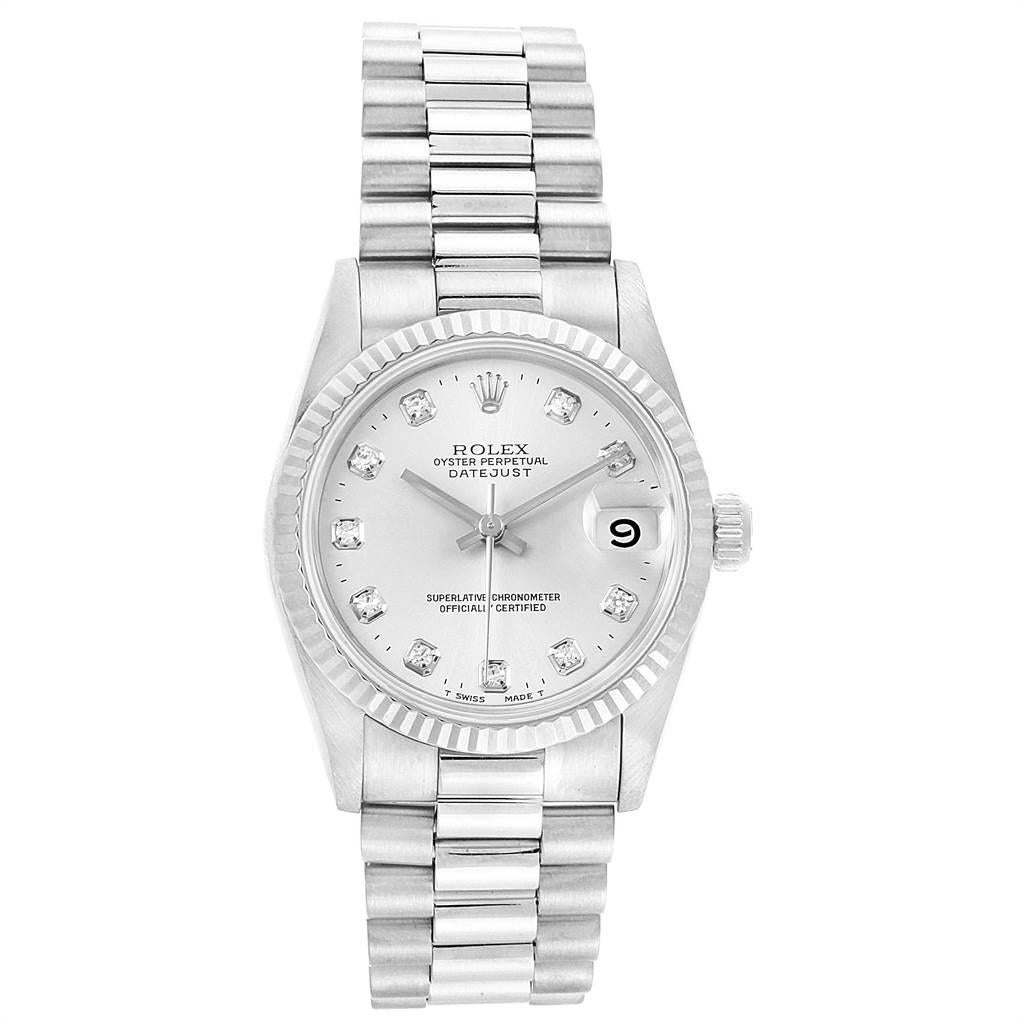Rolex President Datejust Midsize White Gold Diamond Ladies Watch 68279. Officially certified chronometer automatic self-winding movement. 18k white gold oyster case 31.0 mm in diameter. Rolex logo on a crown. 18k white gold fluted bezel. Scratch
