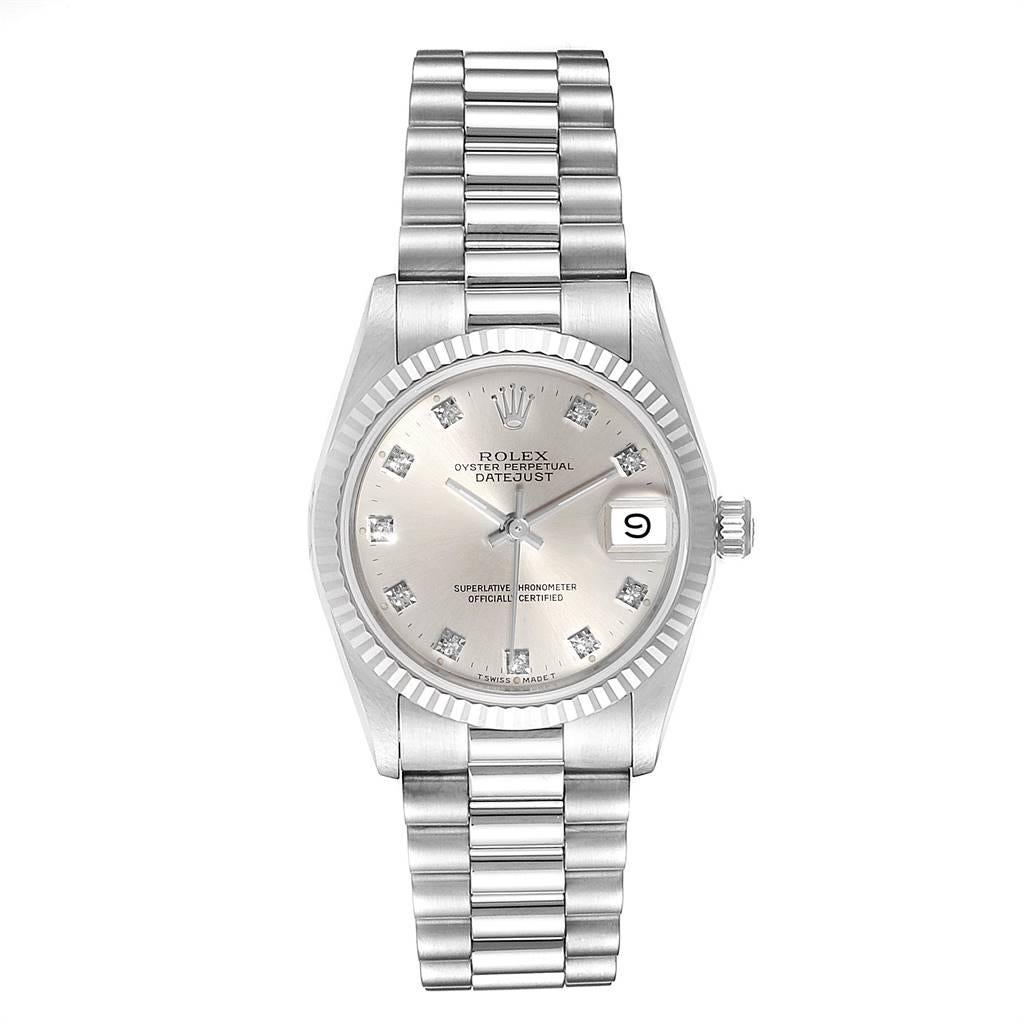 Rolex President Datejust Midsize White Gold Diamond Ladies Watch 68279. Officially certified chronometer self-winding movement. 18k white gold oyster case 31.0 mm in diameter. Rolex logo on a crown. 18k white gold fluted bezel. Scratch resistant