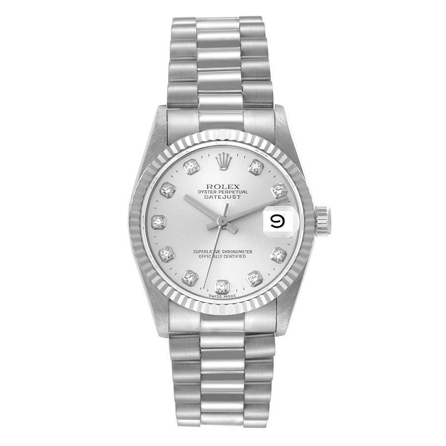 Rolex President Datejust Midsize White Gold Diamond Ladies Watch 68279. Officially certified chronometer self-winding movement. 18k white gold oyster case 31.0 mm in diameter. Rolex logo on a crown. 18k white gold fluted bezel. Scratch resistant