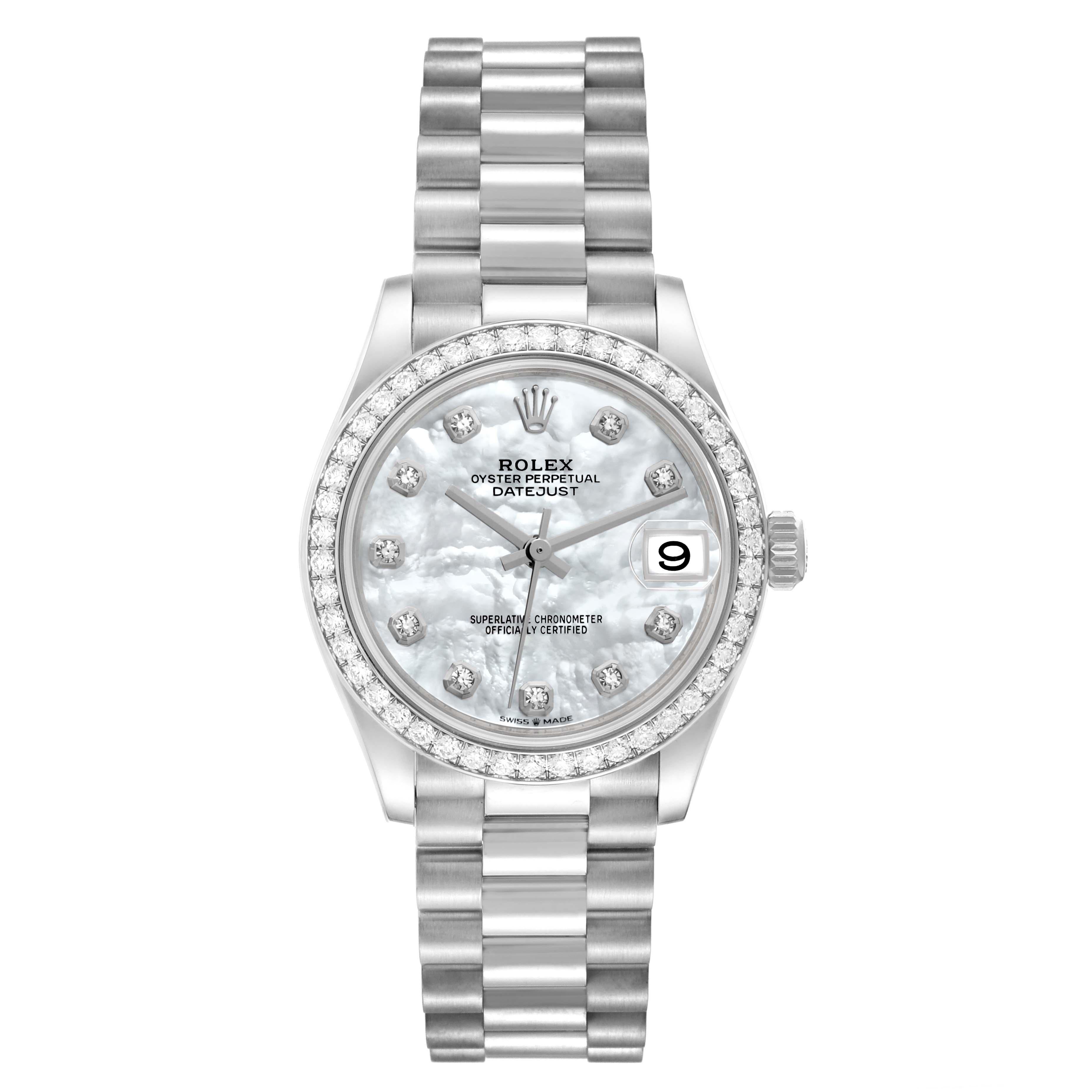 Women's Rolex President Datejust Midsize White Gold Mother Of Pearl Diamond Ladies Watch For Sale