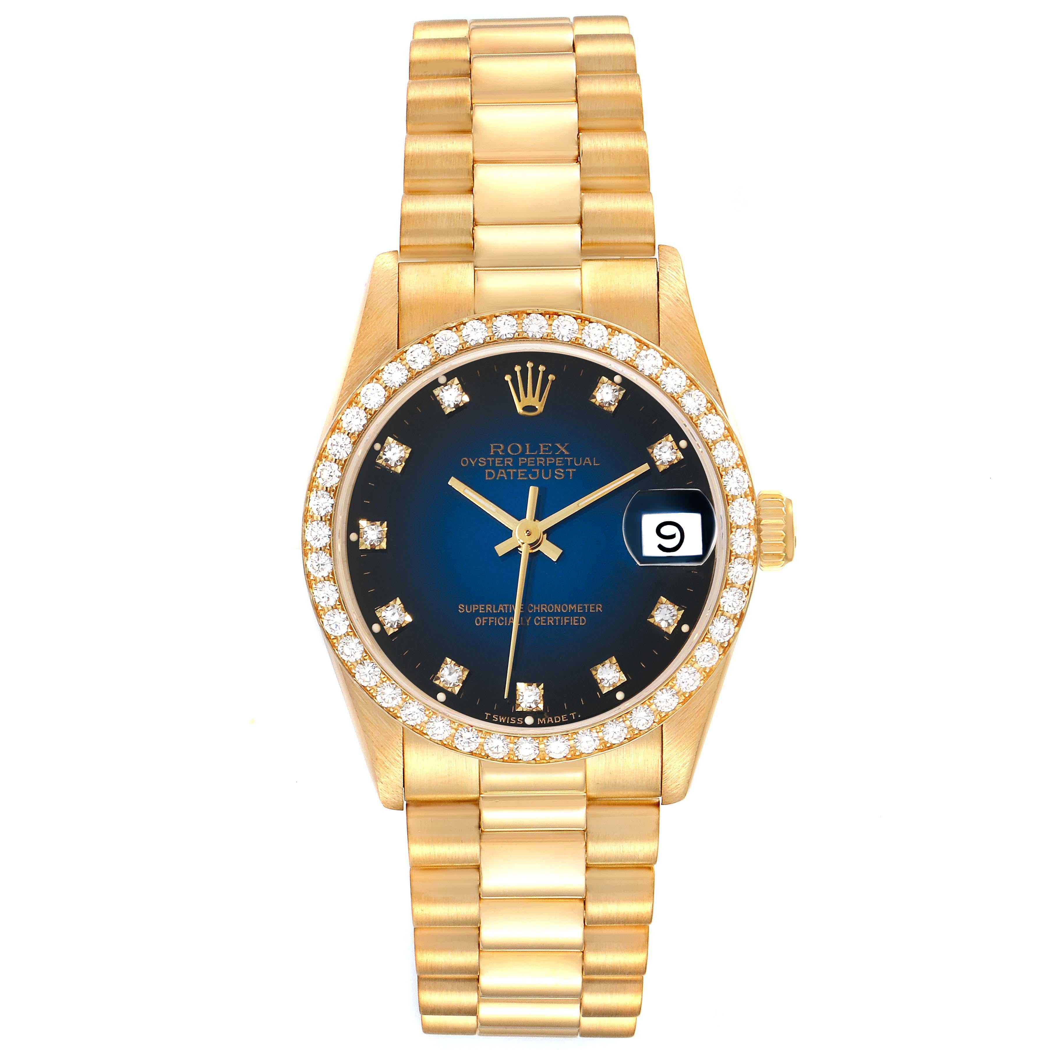 Women's Rolex President Datejust Midsize Yellow Gold Diamond Ladies Watch 68288 Papers