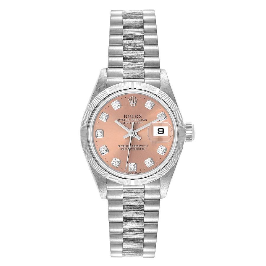 Rolex President Datejust White Gold Diamond Dial Ladies Watch 79279 Box Papers. Officially certified chronometer automatic self-winding movement. 18k white gold oyster case 26.0 mm in diameter. Rolex logo on the crown. 18k white gold engine turned