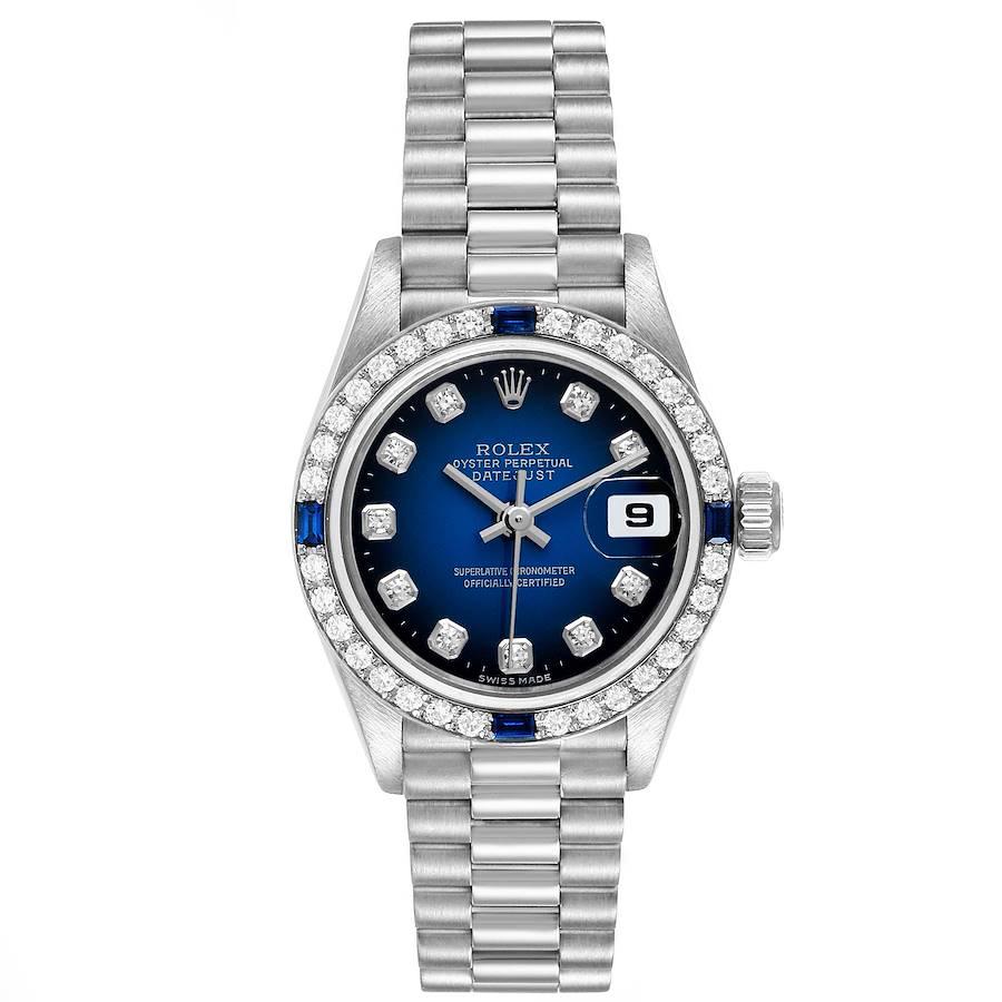 Rolex President Datejust White Gold Diamond Sapphire Ladies Watch 79089. Officially certified chronometer self-winding movement. 18k white gold oyster case 26.0 mm in diameter. Rolex logo on a crown. Original Rolex factory diamond and sapphire