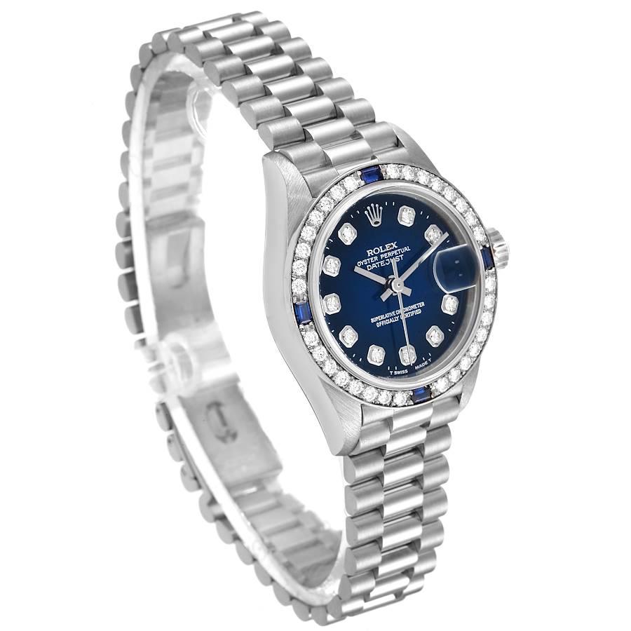 Rolex President Datejust White Gold Diamond Sapphire Ladies Watch 79089 In Excellent Condition For Sale In Atlanta, GA