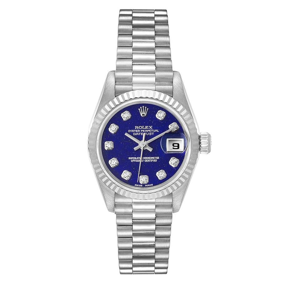 Rolex President Datejust White Gold Lapis Lazuli Diamond Ladies Watch 69179. Officially certified chronometer self-winding movement. 18k white gold oyster case 26.0 mm in diameter. Rolex logo on a crown. 18K white gold fluted bezel. Scratch