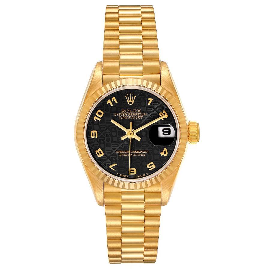 Rolex President Datejust Yellow Gold Anniversary Dial Ladies Watch 69178. Officially certified chronometer self-winding movement. 18k yellow gold oyster case 26.0 mm in diameter. Rolex logo on a crown. 18k yellow gold fluted bezel. Scratch resistant