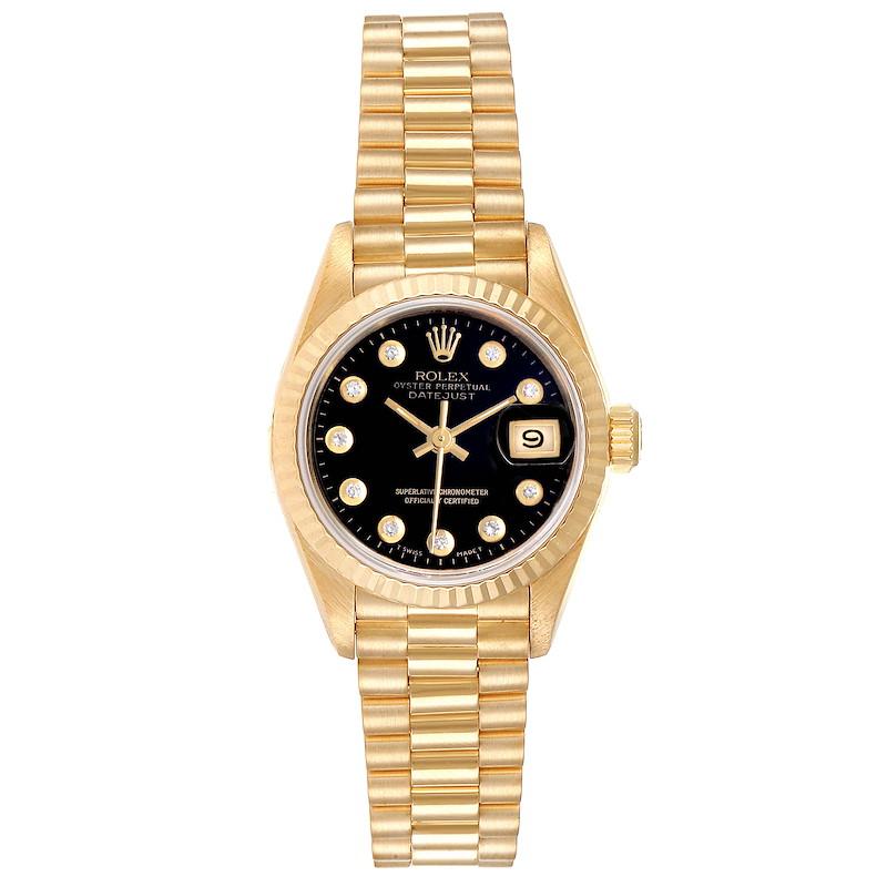 Rolex President Datejust Yellow Gold Black Diamond Dial Ladies Watch 69178. Officially certified chronometer self-winding movement. 18k yellow gold oyster case 26.0 mm in diameter. Rolex logo on a crown. 18k yellow gold fluted bezel. Scratch