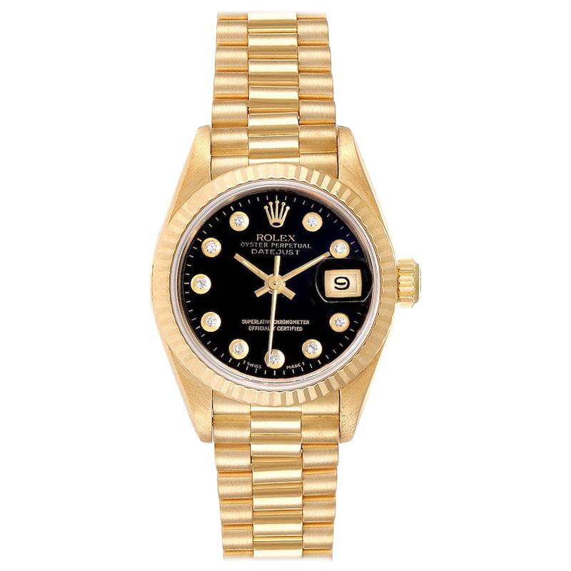 Rolex President Datejust Yellow Gold Black Diamond Dial Ladies Watch 69178 For Sale
