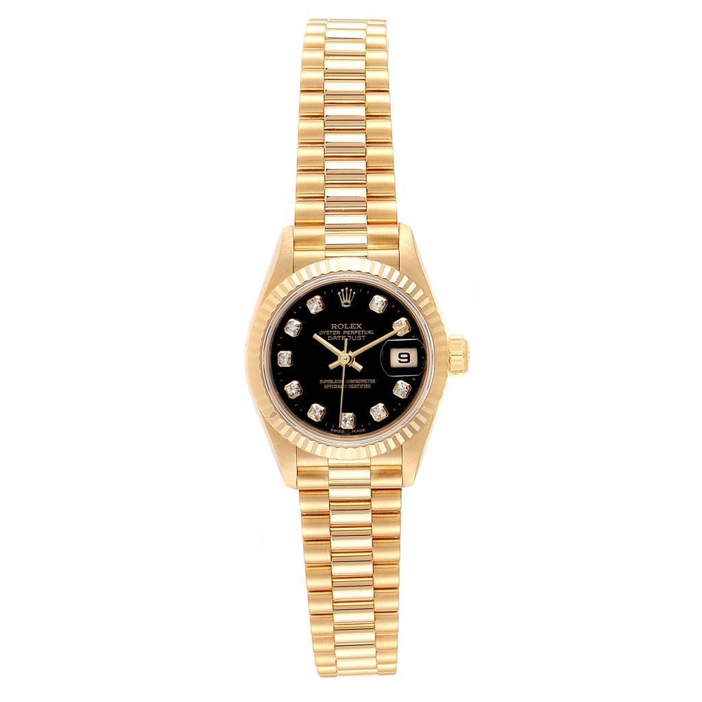 Rolex President Datejust Yellow Gold Black Diamond Dial Ladies Watch 79178. Officially certified chronometer self-winding movement. 18k yellow gold oyster case 26.0 mm in diameter. Rolex logo on a crown. 18k yellow gold fluted bezel. Scratch