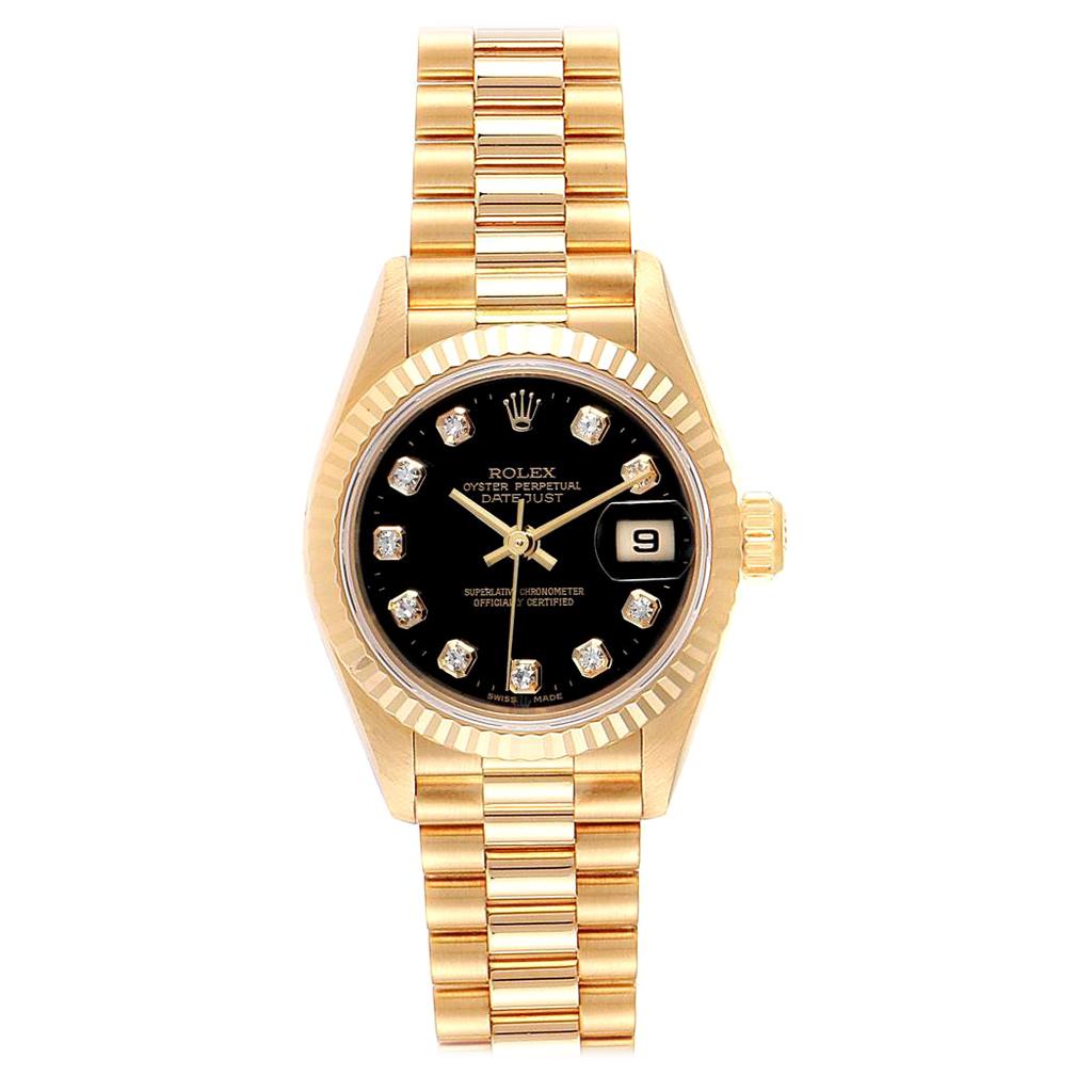 Rolex President Datejust Yellow Gold Black Diamond Dial Ladies Watch 79178