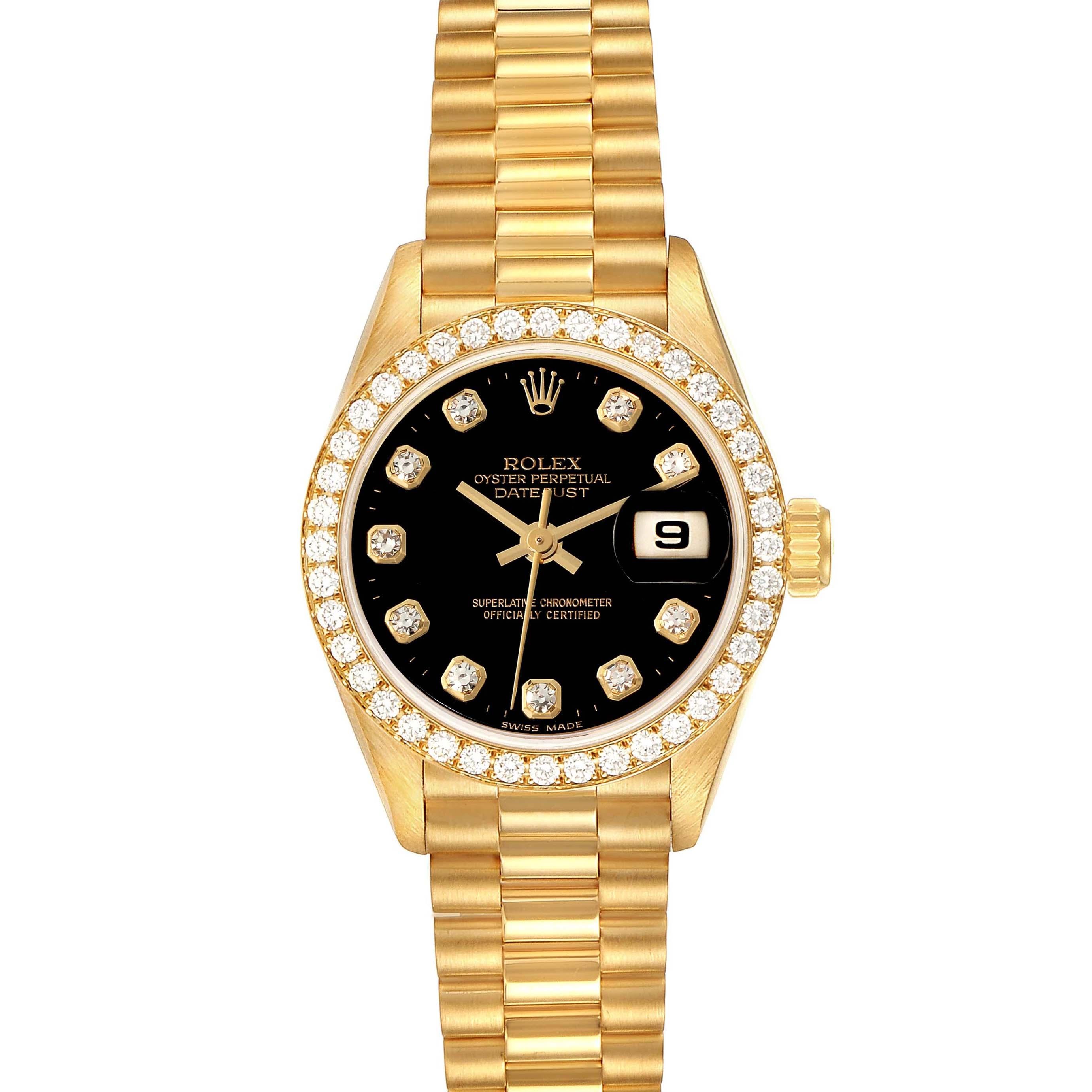 Rolex President Datejust Yellow Gold Black Diamond Dial Watch 69138. Officially certified chronometer self-winding movement. 18k yellow gold oyster case 26.0 mm in diameter. Rolex logo on a crown. Original Rolex factory diamond bezel. Scratch