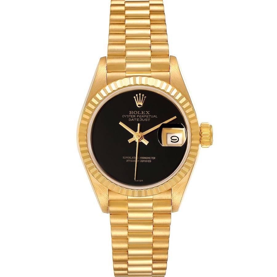 Rolex Präsident Datejust Gelbgold schwarz Onyx Zifferblatt Damenuhr 69178. Offiziell zertifiziertes Chronometerwerk mit automatischem Aufzug. Oyster-Gehäuse aus 18 Karat Gelbgold mit einem Durchmesser von 26,0 mm. Rolex Logo auf einer Krone.