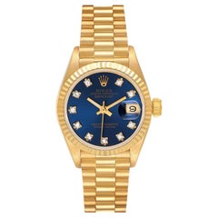 Rolex President Datejust Yellow Gold Blue Diamond Dial Ladies Watch 69178
