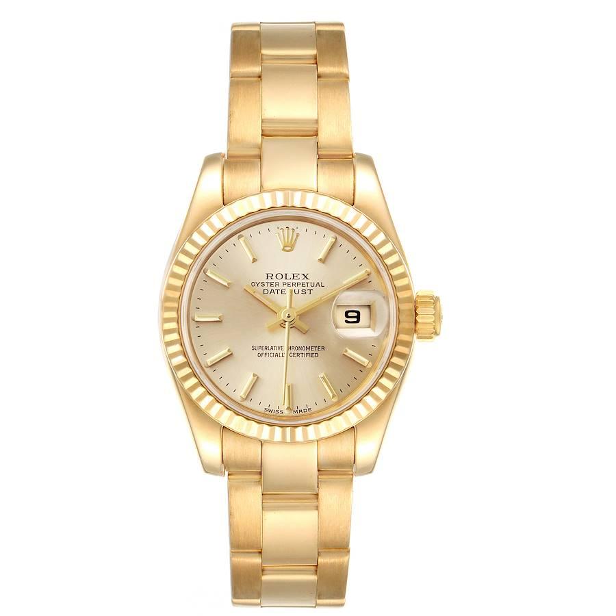 Rolex President Datejust Yellow Gold Champagne Dial Ladies Watch 179178. Officially certified chronometer self-winding movement. 18k yellow gold oyster case 26.0 mm in diameter. Rolex logo on a crown. 18k yellow gold fluted bezel. Scratch resistant