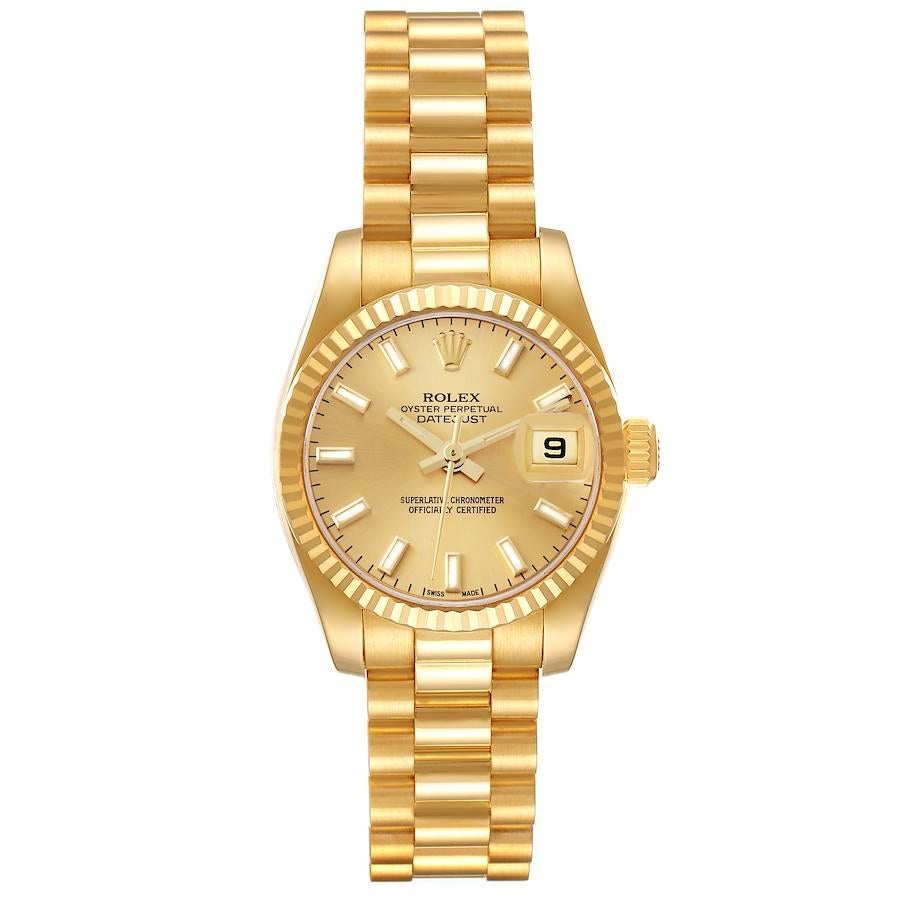 Rolex Präsident Datejust Gelbgold Champagner Zifferblatt Damenuhr 179178. Offiziell zertifiziertes Chronometerwerk mit automatischem Aufzug. Oyster-Gehäuse aus 18 Karat Gelbgold mit einem Durchmesser von 26,0 mm. Rolex Logo auf einer Krone.