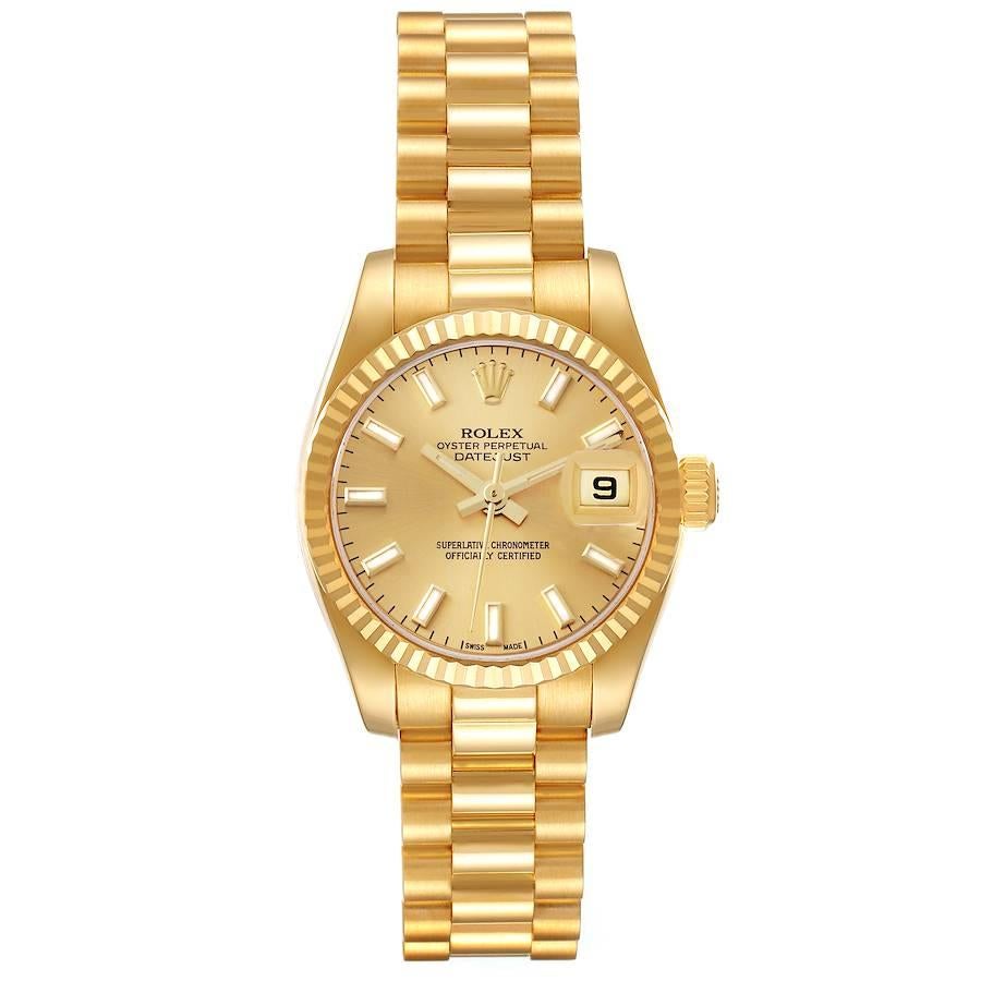 Rolex President Datejust Yellow Gold Champagne Dial Ladies Watch 179178. Officially certified chronometer self-winding movement. 18k yellow gold oyster case 26.0 mm in diameter. Rolex logo on a crown. 18k yellow gold fluted bezel. Scratch resistant