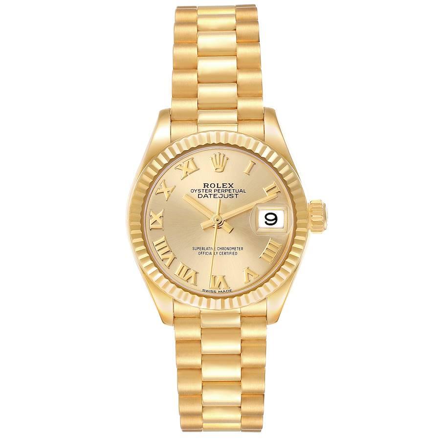 Rolex Präsident Datejust Gelbgold Champagner Zifferblatt Damenuhr 279178. Offiziell zertifiziertes Chronometerwerk mit automatischem Aufzug. Oyster-Gehäuse aus 18 Karat Gelbgold mit einem Durchmesser von 28,0 mm. Rolex Logo auf einer Krone.
