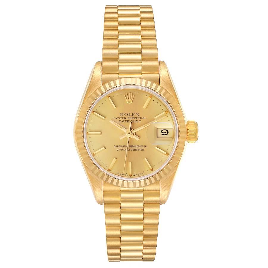 Rolex President Datejust Yellow Gold Champagne Dial Ladies Watch 69178. Officially certified chronometer self-winding movement. 18k yellow gold oyster case 26.0 mm in diameter. Rolex logo on a crown. 18k yellow gold fluted bezel. Scratch resistant