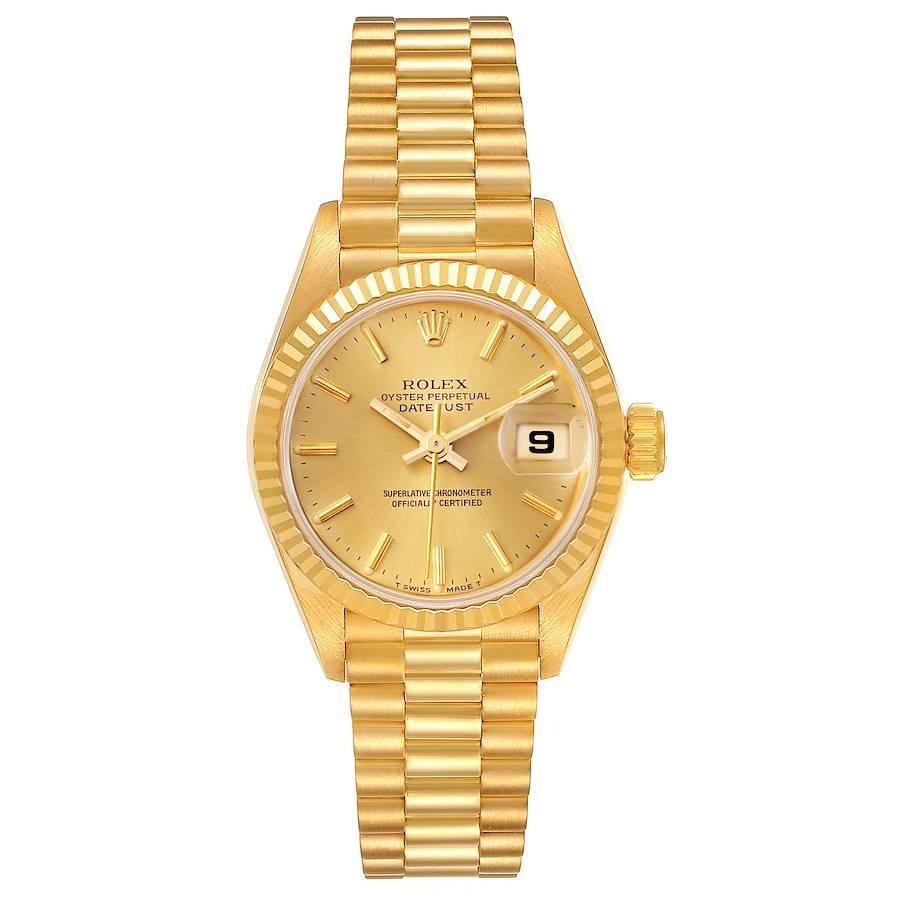 Rolex President Datejust Yellow Gold Champagne Dial Ladies Watch 69178. Officially certified chronometer self-winding movement. 18k yellow gold oyster case 26.0 mm in diameter. Rolex logo on a crown. 18k yellow gold fluted bezel. Scratch resistant