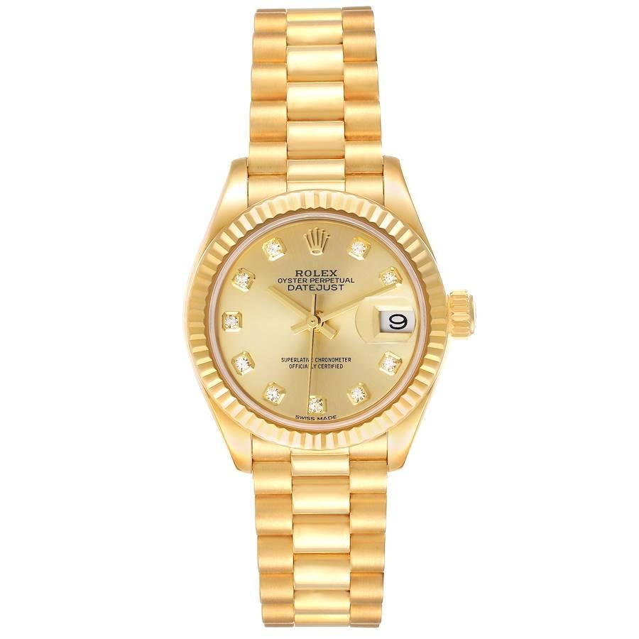 Rolex President Datejust Yellow Gold Diamond Dial Ladies Watch 279178. Officially certified chronometer self-winding movement. 18k yellow gold oyster case 28.0 mm in diameter. Rolex logo on a crown. 18k yellow gold fluted bezel. Scratch resistant