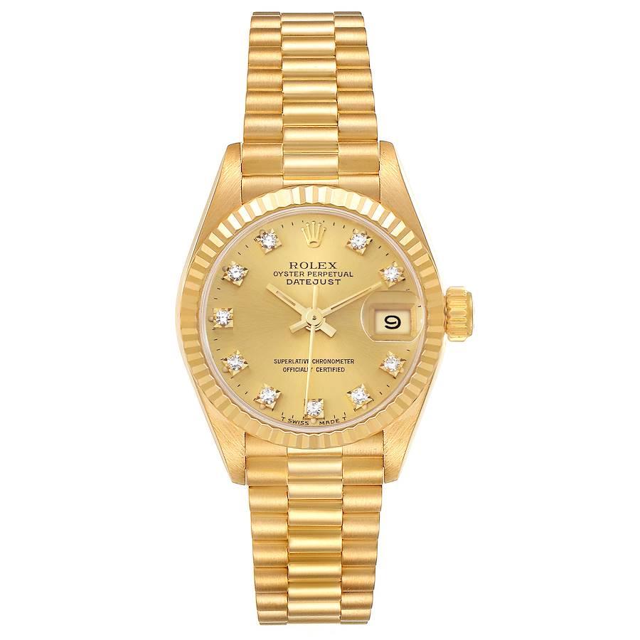 Rolex President Datejust Yellow Gold Diamond Dial Ladies Watch 69178 Box Papers. Officially certified chronometer self-winding movement. 18k yellow gold oyster case 26.0 mm in diameter. Rolex logo on a crown. 18k yellow gold fluted bezel. Scratch