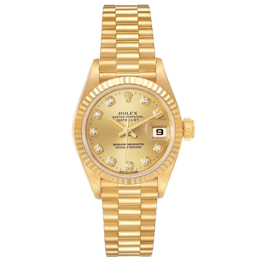 Rolex President Datejust Yellow Gold Diamond Dial Ladies Watch 69178. Officially certified chronometer self-winding movement. 18k yellow gold oyster case 26.0 mm in diameter. Rolex logo on a crown. 18k yellow gold fluted bezel. Scratch resistant