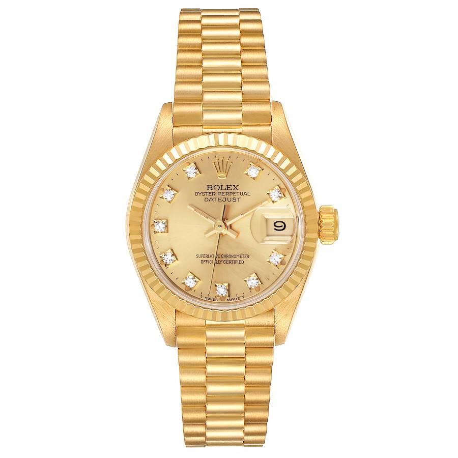 Rolex President Datejust Yellow Gold Diamond Dial Ladies Watch 69178. Officially certified chronometer self-winding movement. 18k yellow gold oyster case 26.0 mm in diameter. Rolex logo on a crown. 18k yellow gold fluted bezel. Scratch resistant