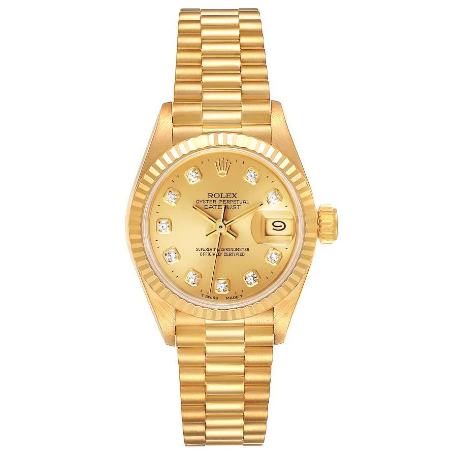 Rolex President Datejust Yellow Gold Diamond Dial Ladies Watch 69178 Papers. Officially certified chronometer self-winding movement. 18k yellow gold oyster case 26.0 mm in diameter. Rolex logo on a crown. 18k yellow gold fluted bezel. Scratch