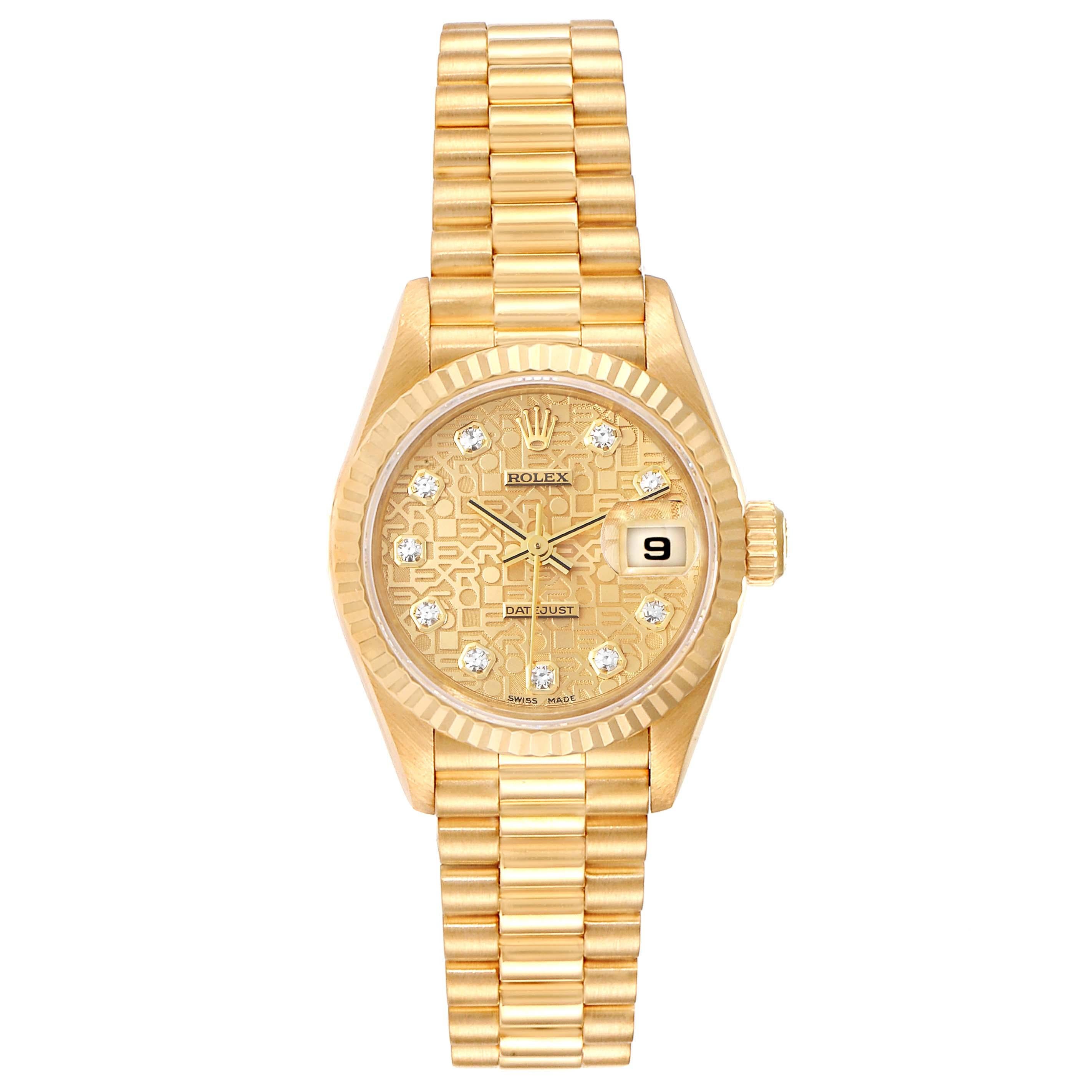 Rolex President Datejust Yellow Gold Diamond Dial Ladies Watch 79178. Officially certified chronometer self-winding movement. 18k yellow gold oyster case 26.0 mm in diameter. Rolex logo on a crown. 18k yellow gold fluted bezel. Scratch resistant