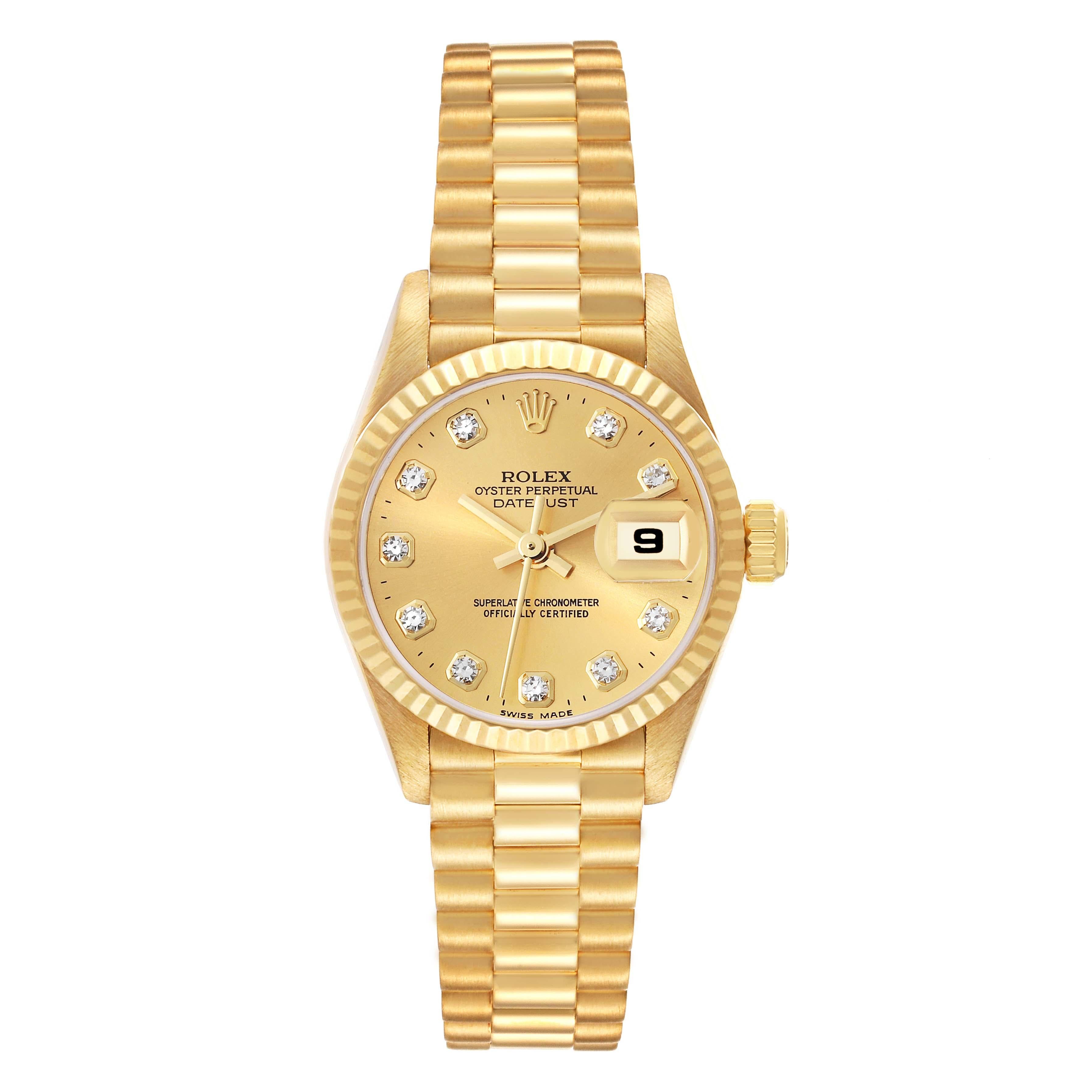 Rolex President Datejust Yellow Gold Diamond Dial Ladies Watch 79178. Officially certified chronometer self-winding movement. 18k yellow gold oyster case 26.0 mm in diameter. Rolex logo on a crown. 18k yellow gold fluted bezel. Scratch resistant
