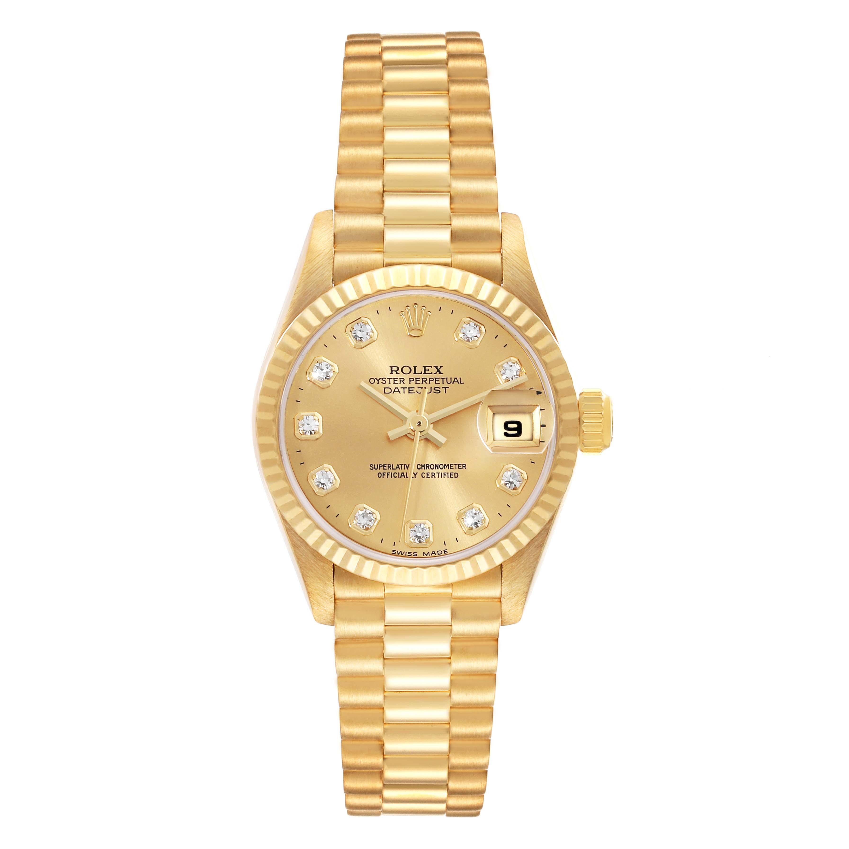 Rolex President Datejust Yellow Gold Diamond Dial Ladies Watch 79178. Officially certified chronometer automatic self-winding movement. 18k yellow gold oyster case 26.0 mm in diameter. Rolex logo on a crown. 18k yellow gold fluted bezel. Scratch