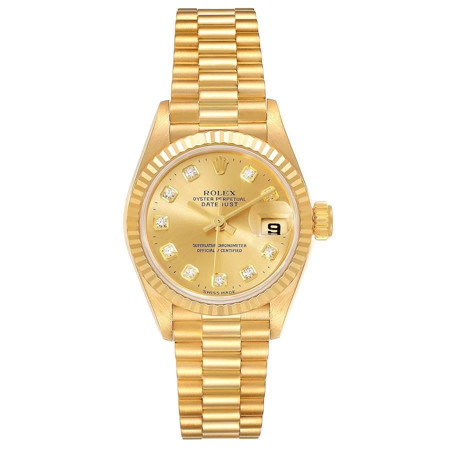 Rolex President Datejust Yellow Gold Diamond Dial Watch 69178 Box Papers. Officially certified chronometer self-winding movement. 18k yellow gold oyster case 26.0 mm in diameter. Rolex logo on a crown. 18k yellow gold fluted bezel. Scratch resistant