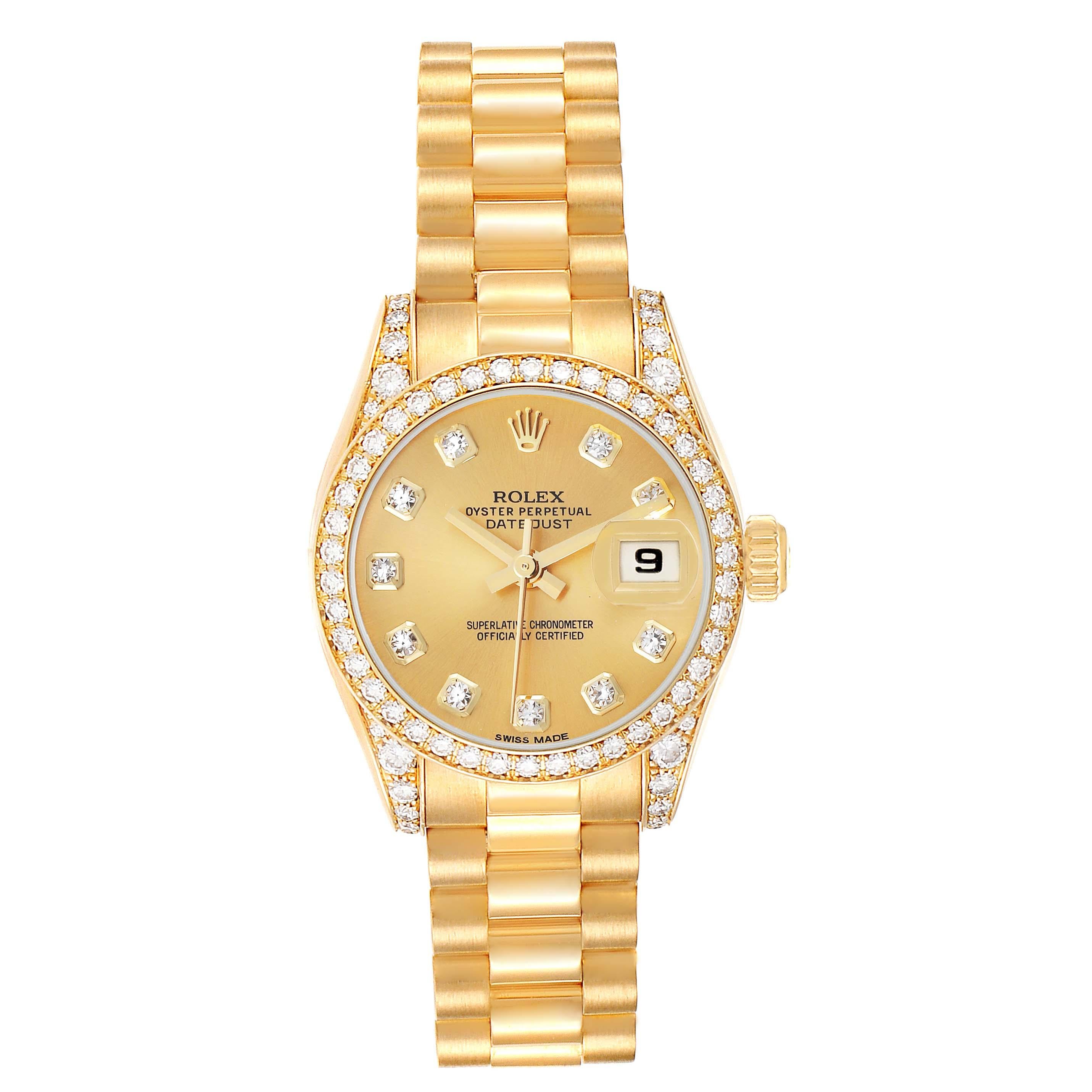 Rolex President Datejust Yellow Gold Diamond Ladies Watch 179158 Box Card. Officially certified chronometer automatic self-winding movement. 18k yellow gold oyster case 26.0 mm in diameter. Rolex logo on the crown. Original Rolex factory diamond