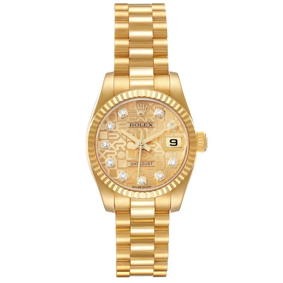 Rolex President Datejust Yellow Gold Diamond Ladies Watch 179178. Officially certified chronometer self-winding movement. 18k yellow gold oyster case 26.0 mm in diameter. Rolex logo on a crown. 18k yellow gold fluted bezel. Scratch resistant