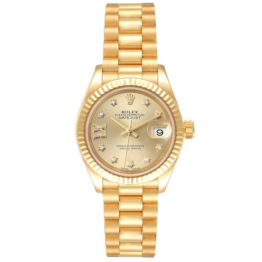 Rolex President Datejust Yellow Gold Diamond Ladies Watch 279178 Box Card. Officially certified chronometer self-winding movement. 18k yellow gold oyster case 28.0 mm in diameter. Rolex logo on a crown. 18k yellow gold fluted bezel. Scratch