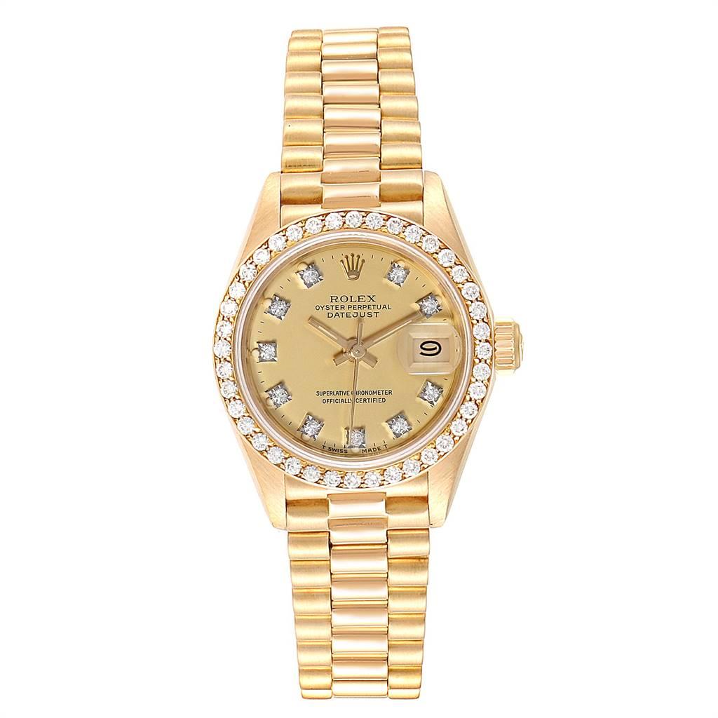 Rolex President Datejust Yellow Gold Diamond Ladies Watch 69138 Box Papers. Officially certified chronometer automatic self-winding movement. 18k yellow gold oyster case 26.0 mm in diameter. Rolex logo on a crown. Original Rolex factory diamond