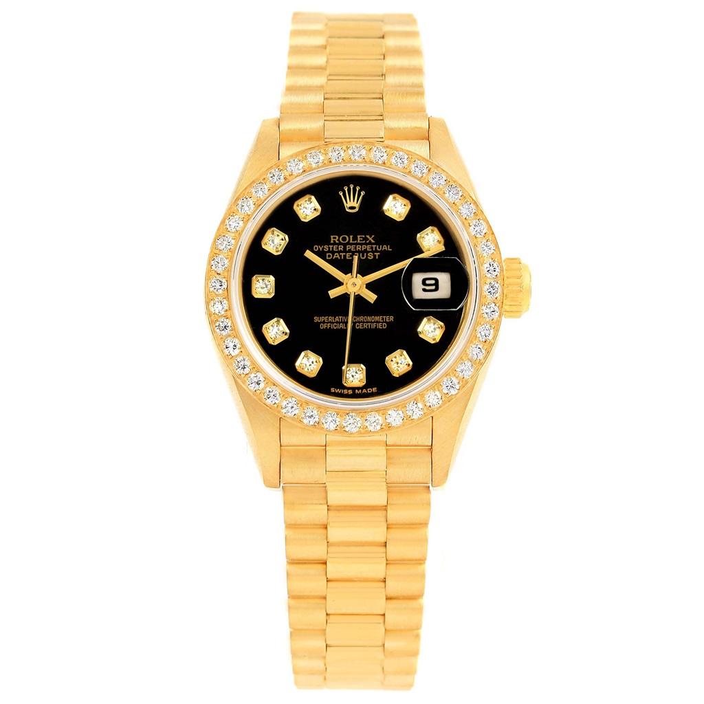 Rolex President Datejust 26mm Yellow Gold Diamond Ladies Watch 69138. Officially certified chronometer automatic self-winding movement. 18k yellow gold oyster case 26.0 mm in diameter. Rolex logo on a crown. Original Rolex 18k yellow gold diamond