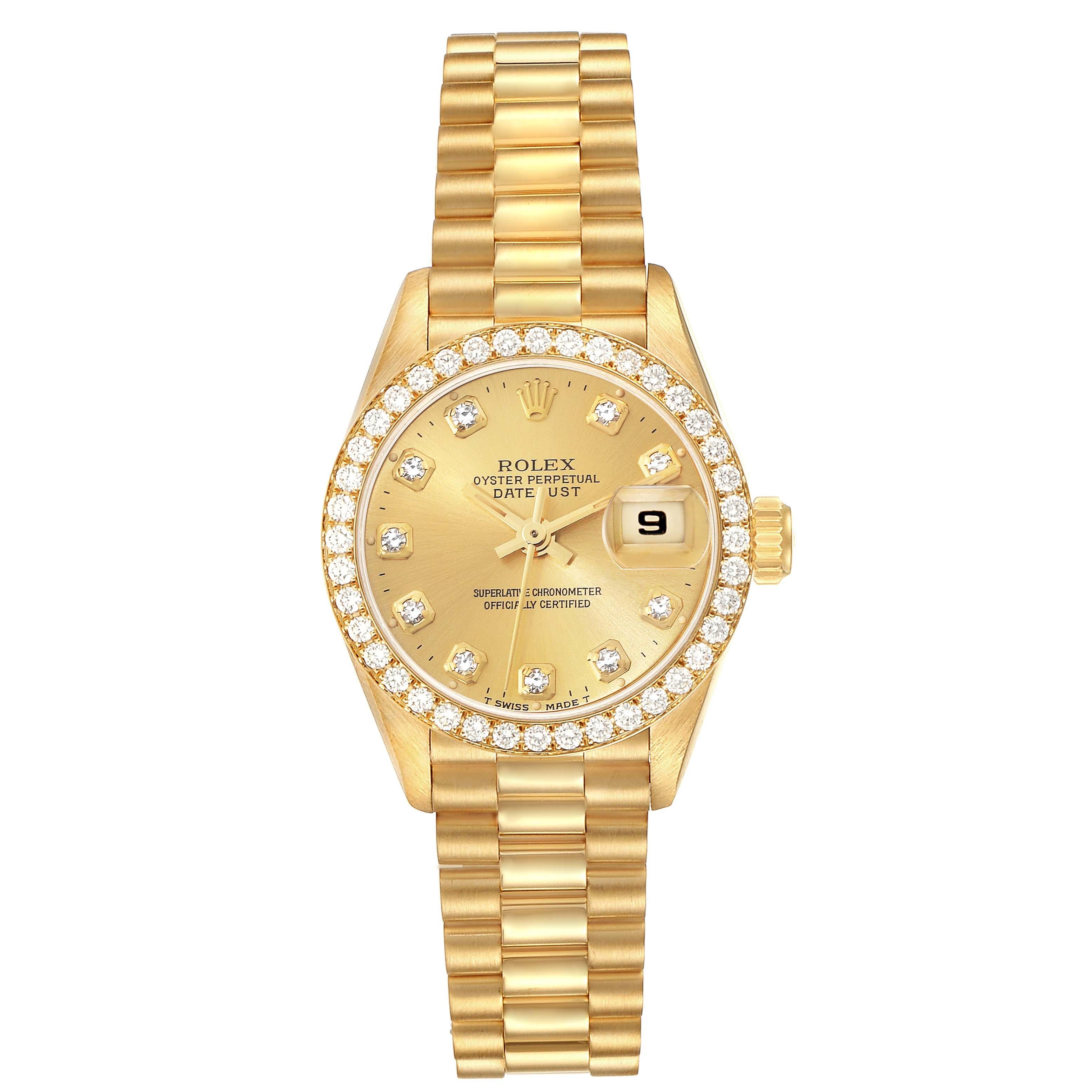 Rolex President Datejust Yellow Gold Diamond Ladies Watch 69138. Officially certified chronometer automatic self-winding movement. 18k yellow gold oyster case 26.0 mm in diameter. Rolex logo on the crown. 18k yellow gold original Rolex factory