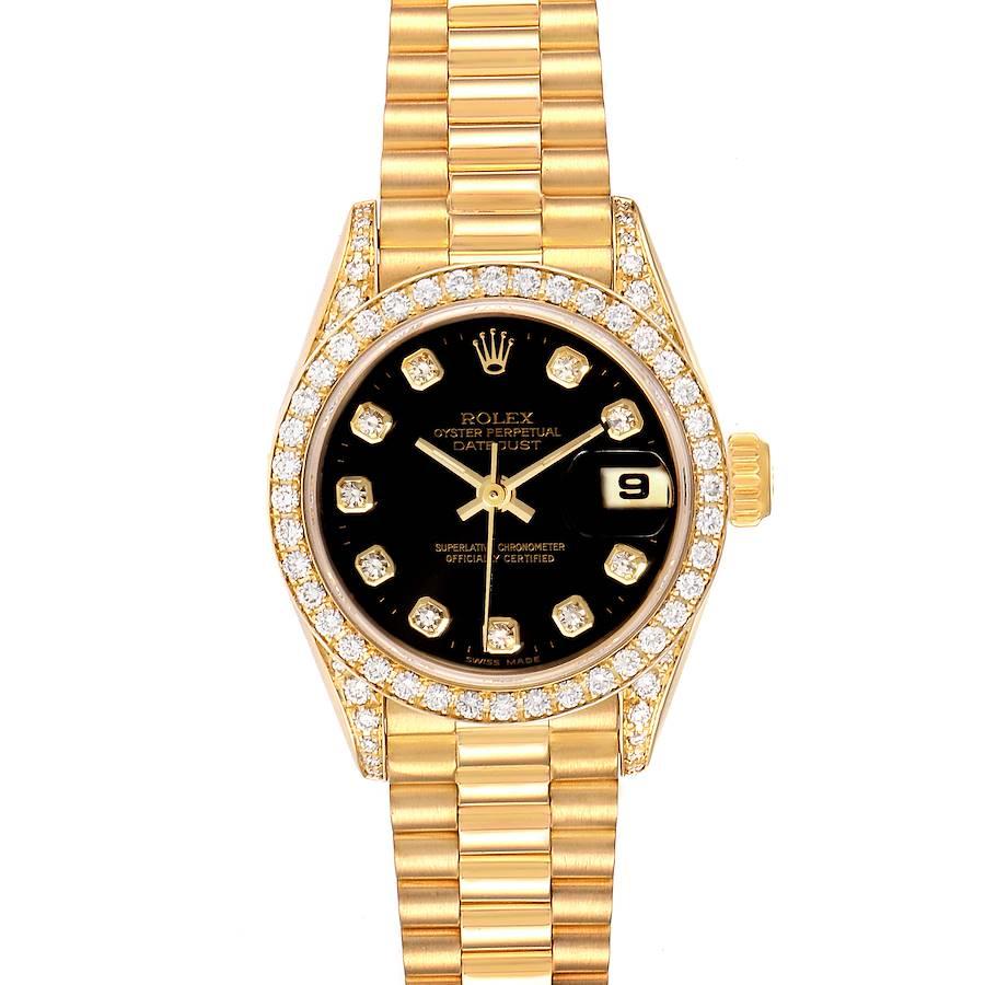Rolex President Datejust Yellow Gold Diamond Ladies Watch 69158 Box Papers. Officially certified chronometer self-winding movement. 18k yellow gold oyster case 26.0 mm in diameter. Rolex logo on a crown. Original Rolex factory diamond lugs. Original