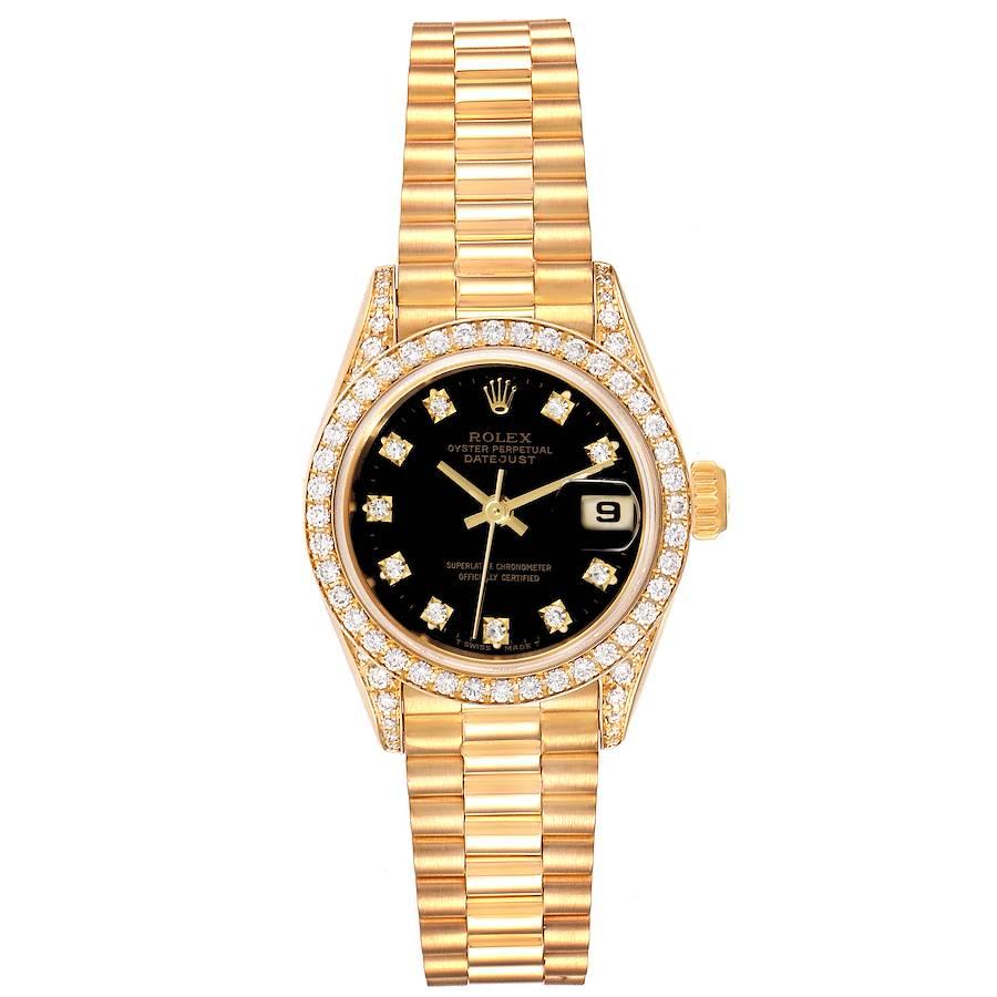 Rolex President Datejust Yellow Gold Diamond Ladies Watch 69158 Box Papers. Officially certified chronometer self-winding movement. 18k yellow gold oyster case 26.0 mm in diameter. Rolex logo on a crown. Original Rolex factory diamond lugs. Original