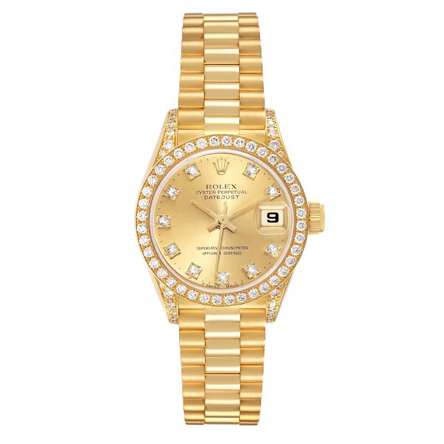 Rolex President Datejust Yellow Gold Diamond Ladies Watch 69158. Officially certified chronometer self-winding movement. 18k yellow gold oyster case 26.0 mm in diameter. Rolex logo on a crown. Original Rolex factory diamond lugs. Original Rolex 18k