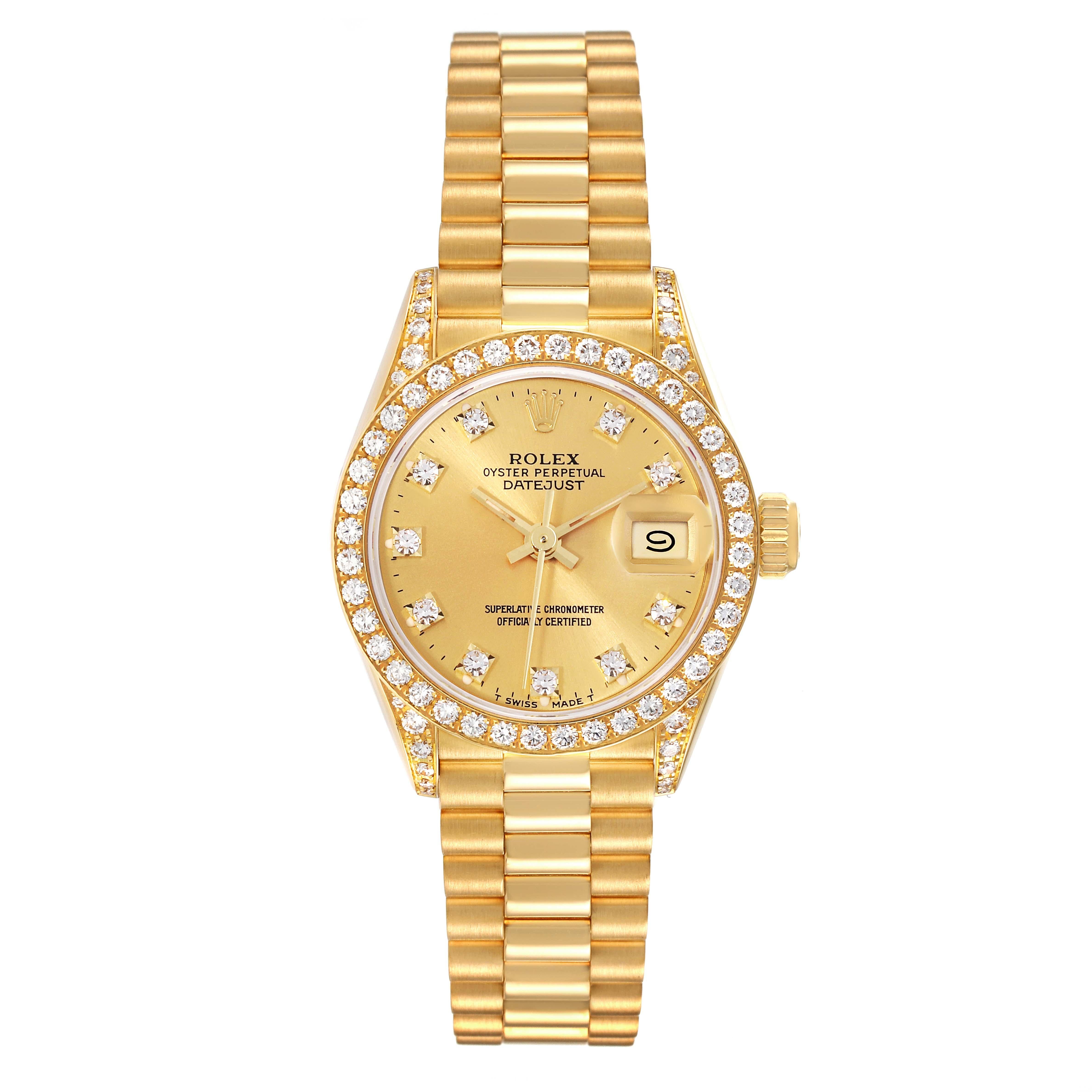 Rolex President Datejust Yellow Gold Diamond Ladies Watch 69158. Officially certified chronometer self-winding movement. 18k yellow gold oyster case 26.0 mm in diameter. Rolex logo on a crown. Original Rolex factory diamond lugs. Original Rolex 18k