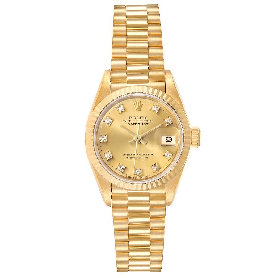 Rolex President Datejust Yellow Gold Diamond Ladies Watch 69178 Box. Officially certified chronometer self-winding movement. 18k yellow gold oyster case 26.0 mm in diameter. Rolex logo on a crown. 18k yellow gold fluted bezel. Scratch resistant
