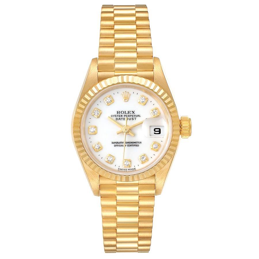 Rolex President Datejust Yellow Gold Diamond Ladies Watch 69178 Box. Officially certified chronometer self-winding movement. 18k yellow gold oyster case 26.0 mm in diameter. Rolex logo on a crown. 18k yellow gold fluted bezel. Scratch resistant