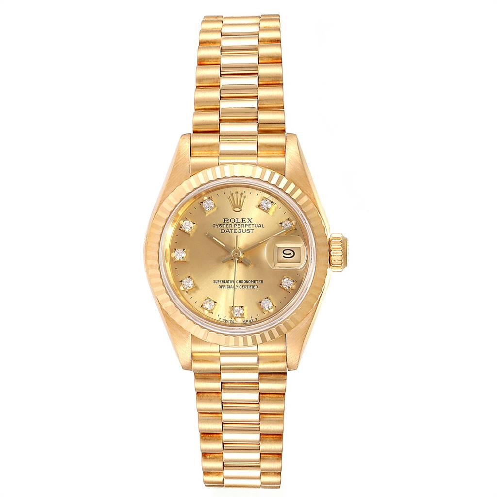 Rolex President Datejust Yellow Gold Diamond Ladies Watch 69178. Officially certified chronometer self-winding movement. 18k yellow gold oyster case 26.0 mm in diameter. Rolex logo on a crown. 18k yellow gold fluted bezel. Scratch resistant sapphire