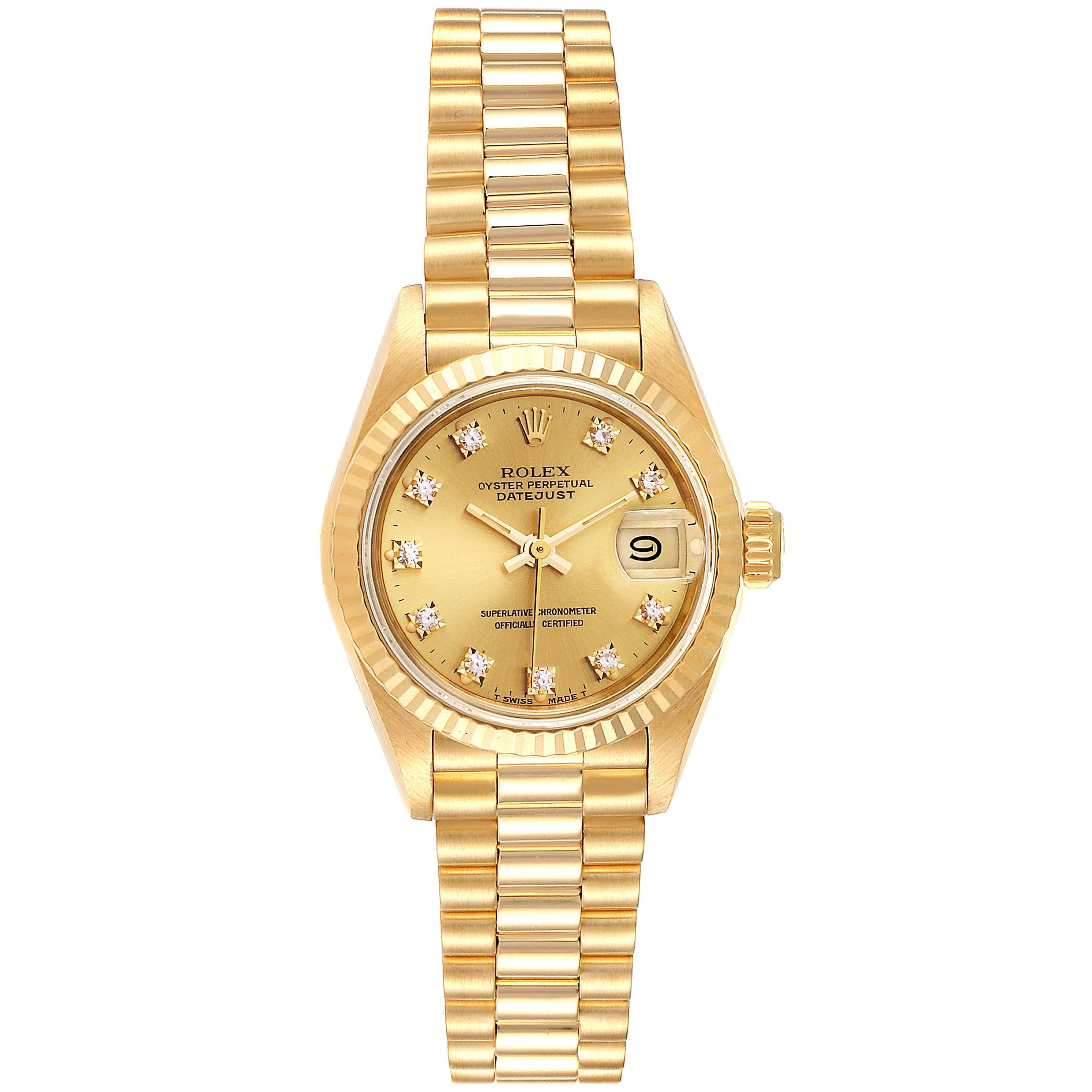 Rolex President Datejust Yellow Gold Diamond Ladies Watch 69178. Officially certified chronometer self-winding movement. 18k yellow gold oyster case 26.0 mm in diameter. Rolex logo on a crown. 18k yellow gold fluted bezel. Scratch resistant sapphire